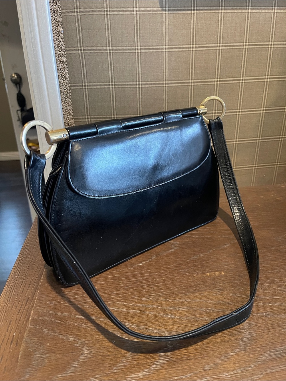 Vintage Charles Jourdan Paris Black Leather handBag with Gold Hardware